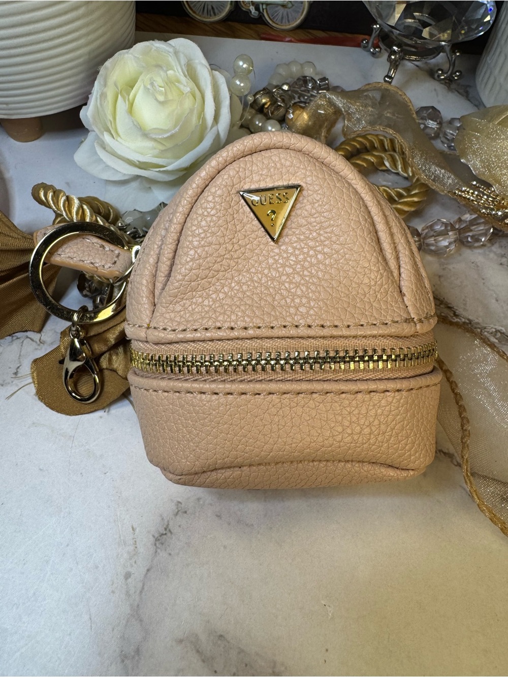 GUESS Peach Mini Backpack Keychain with Gold Hardware
